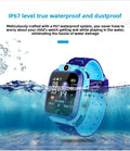 Smart Watch Phone in bright blue with a silicone strap, square digital display and front-facing camera, shown as waterproof
