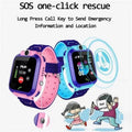 Smart Watch Phone with square digital screens, purple bezels and pink and cyan silicone straps, featuring an SOS call button
