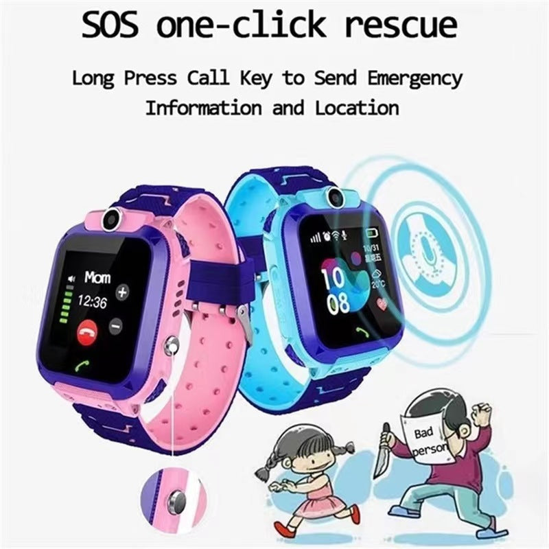 Smart Watch Phone with square digital screens, purple bezels and pink and cyan silicone straps, featuring an SOS call button