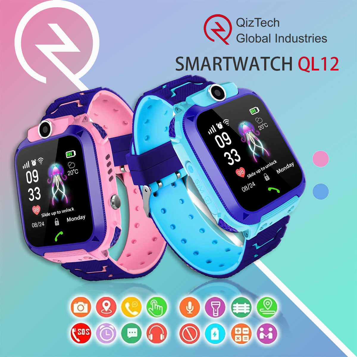 Smart Watch Phone in pink and blue, each with a square digital screen, chunky silicone strap and camera lens