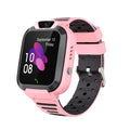 Smart Watch Phone for children with a pink silicone case, black perforated strap, square display and built-in camera