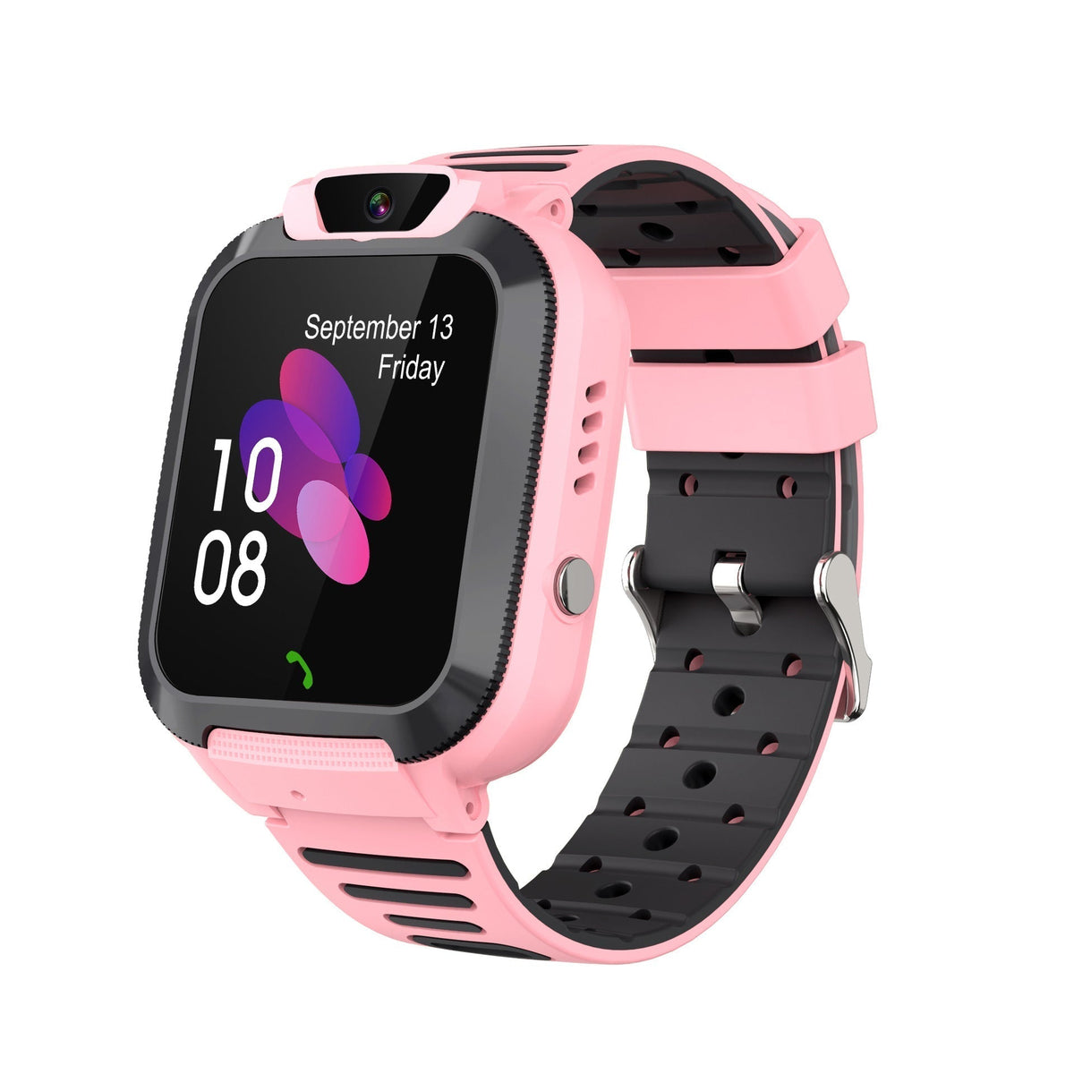 Smart Watch Phone for children with a pink silicone case, black perforated strap, square display and built-in camera