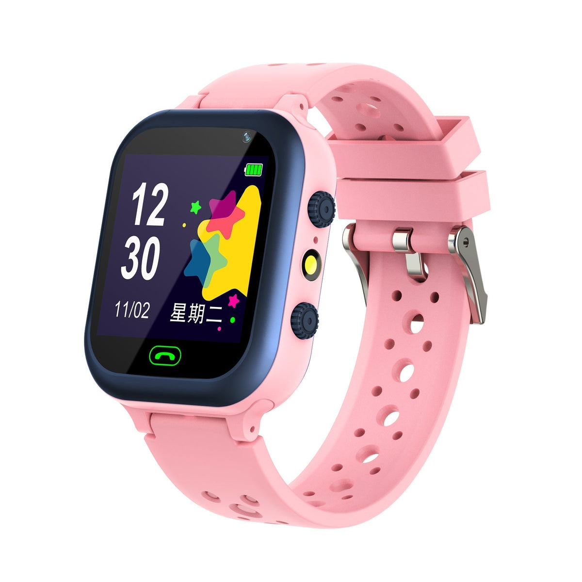 Smart Watch Phone for children with a pink silicone strap, square black digital screen, colorful display and side buttons