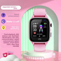 Smart Watch Phone with a pink silicone band, rounded square black digital screen, and children's calling and safety features