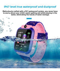 Smart Watch Phone with a pink and navy silicone strap, square digital screen, and raised camera lens, shown underwater