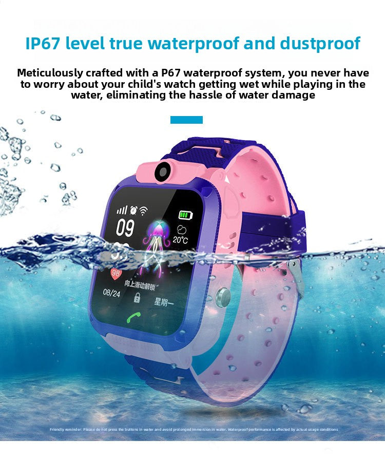 Smart Watch Phone with a pink and navy silicone strap, square digital screen, and raised camera lens, shown underwater