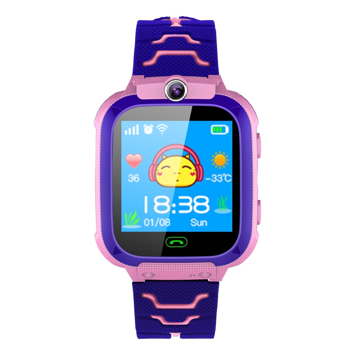 Smart Watch Phone with a pink and purple square case, dark blue patterned silicone strap, front camera and colourful digital display
