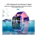 Smart Watch Phone with a pink and purple silicone strap, square digital screen, and water-resistant children's design