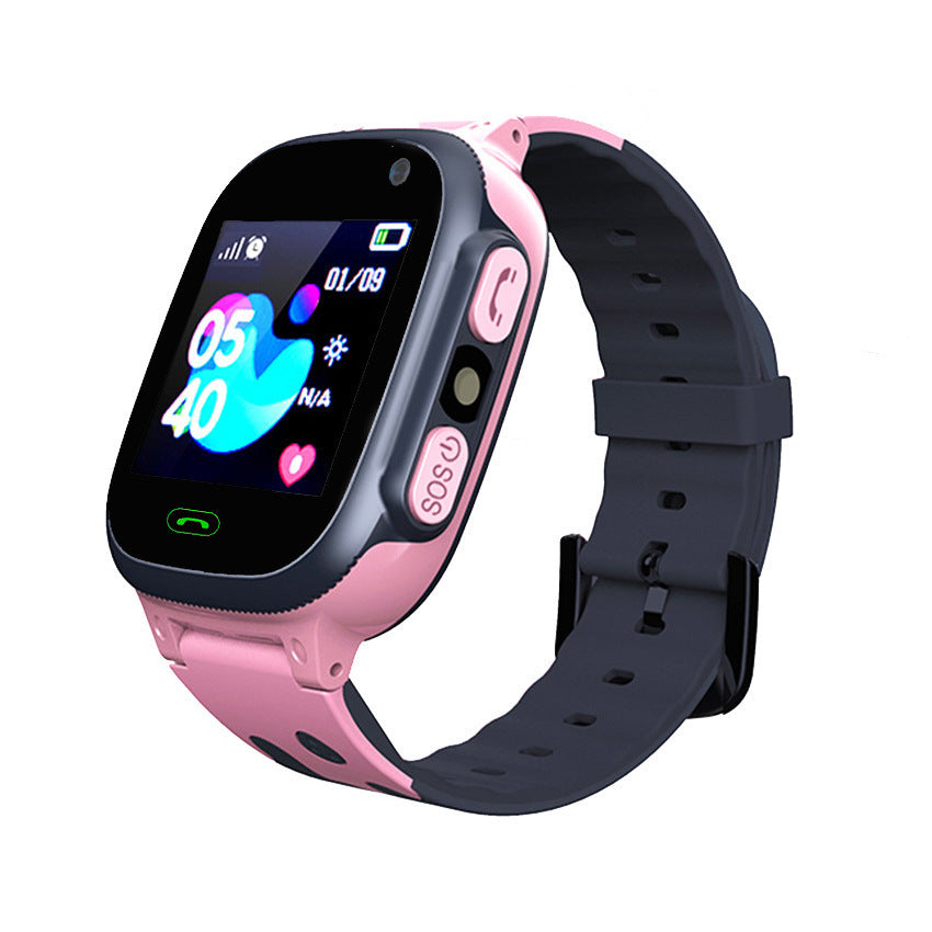 Smart Watch Phone with a pink square case, black silicone strap, colorful digital screen and side SOS buttons