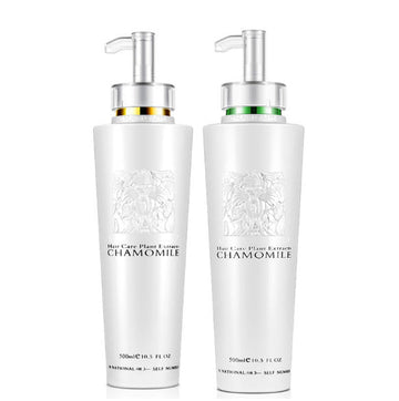 Smoothing Shampoo in two white chamomile bottles with silver pump tops and gold and green neck bands