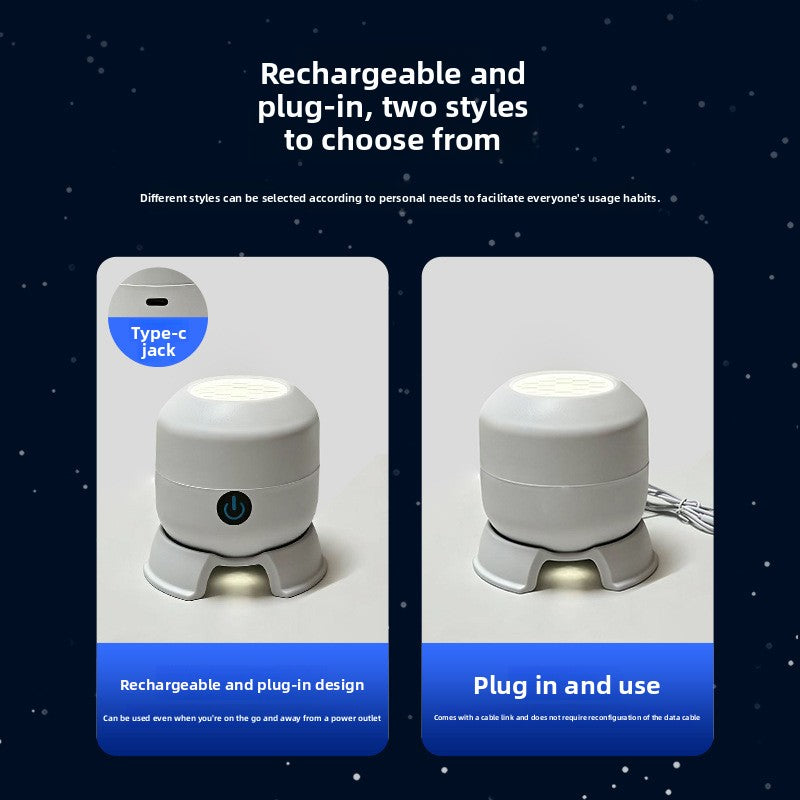 Snowflake Christmas Projection Light with a white plastic cylindrical projector, rounded top, side power button and broad base