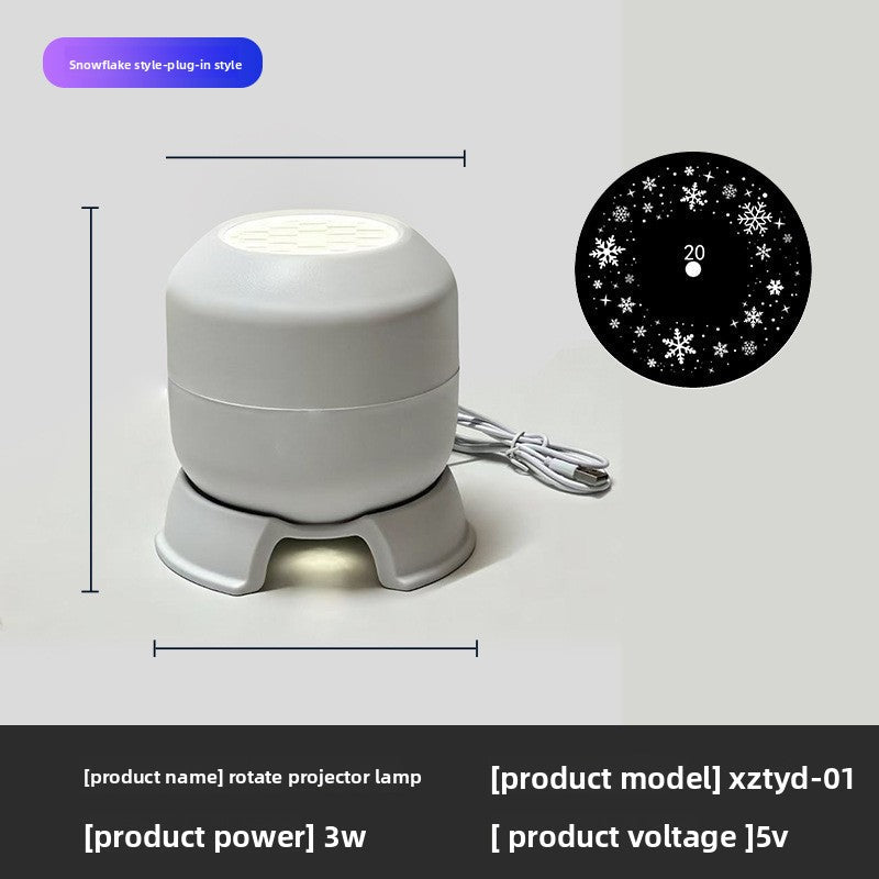 Snowflake Christmas Projection Light in white plastic with a rounded projector body, flared base, and USB cable.