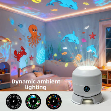 Snowflake Christmas Projection Light in white plastic with a rounded projector body and colorful rotating ocean and snowflake motifs