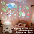 Snowflake Christmas Projection Light with white rounded housing casting colourful snowmen, trees and snowflakes