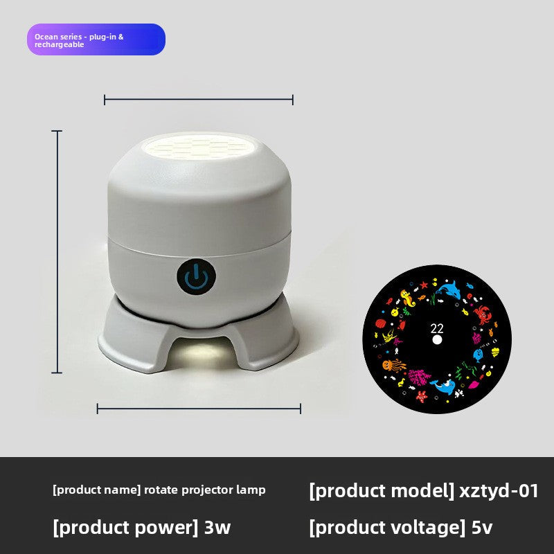 Snowflake Christmas Projection Light with a white rounded projector, power button, display lens and colorful rotating pattern disc
