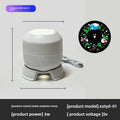 Snowflake Christmas Projection Light with a white rounded plastic projector, broad base, USB cable and colorful rotating holiday motifs.