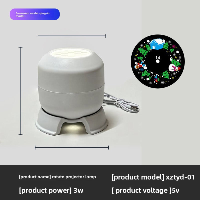Snowflake Christmas Projection Light with a white rounded plastic projector, broad base, USB cable and colorful rotating holiday motifs.