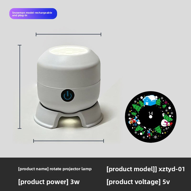 Snowflake Christmas Projection Light, white rounded tabletop projector with power button and colorful Christmas motifs