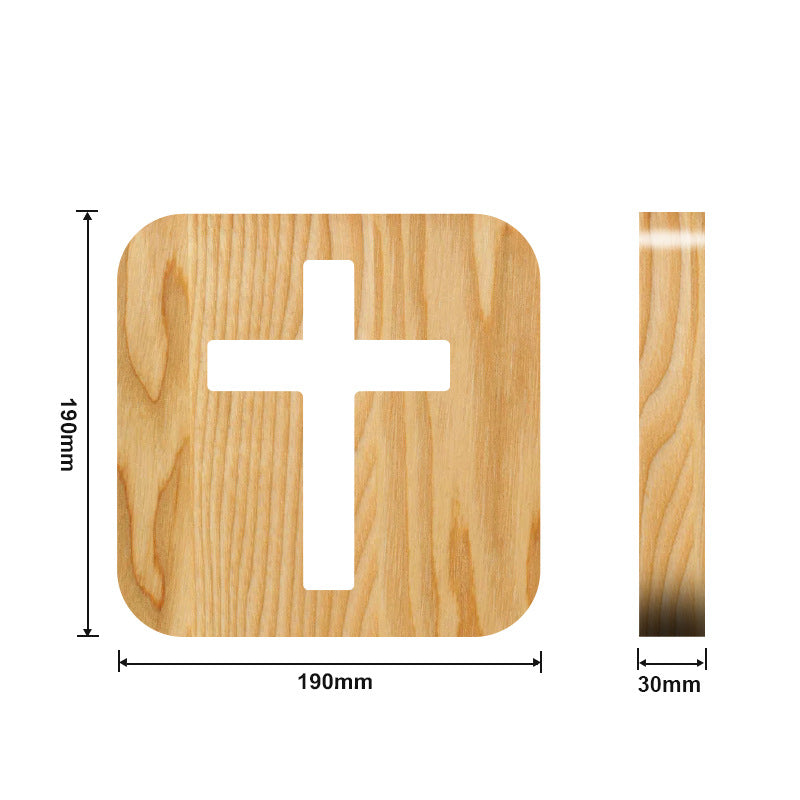 Solid Wood LED night lamp in natural light wood, with a rounded square face and geometric cross-shaped cutout.