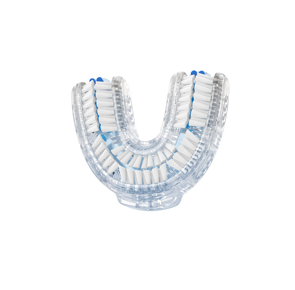 Sonic Electric Toothbrush U-shaped brush head in clear silicone with white bristles and blue accents