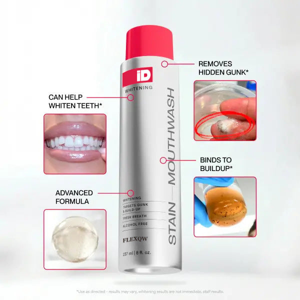 Stain Removing Mouthwash in a silver bottle with a bright red cap, white label, and bold vertical lettering.