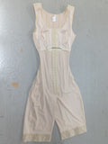 Steel-Boned Open Crotch Shapewear in light beige stretch fabric, sleeveless with a front hook closure and lace-trimmed legs