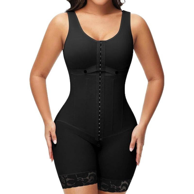Steel-Boned Open Crotch Shapewear in black stretch fabric, with wide straps, front hook closures, waist panels and lace-trimmed shorts.