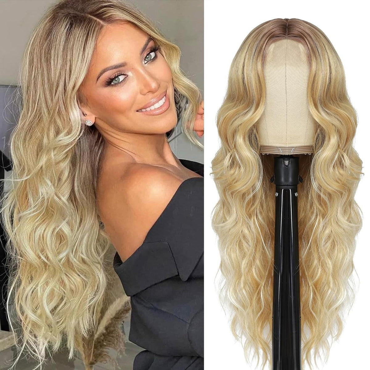 Synthetic Colorful Hair Wigs in long blonde synthetic fiber with dark roots, a center part, and loose wavy curls