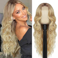 Synthetic Colorful Hair Wigs in long blonde synthetic fiber with darker roots, a center part and loose waves