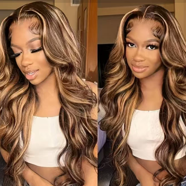 Synthetic Colorful Hair Wigs in long, voluminous brown waves with caramel highlights, a center part and lace-front hairline
