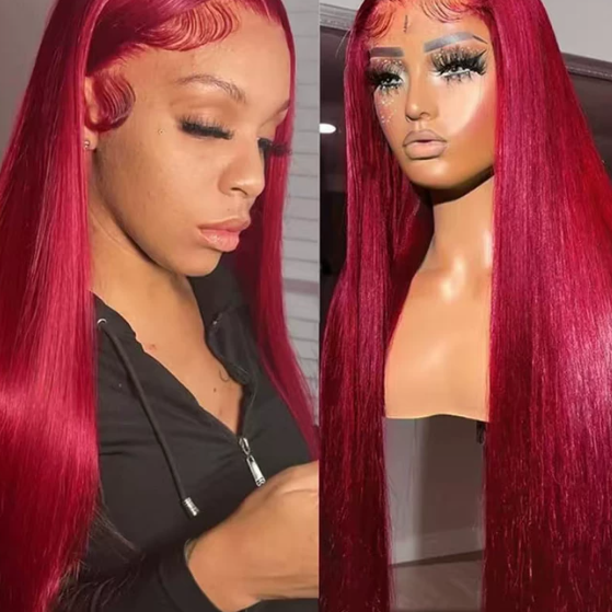 Synthetic Colorful Hair Wigs in vivid burgundy red synthetic fiber, worn long and straight with a lace front and styled baby hairs.