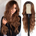 Synthetic Colorful Hair Wigs in warm chestnut brown synthetic fiber, with long loose waves and a center-part lace front