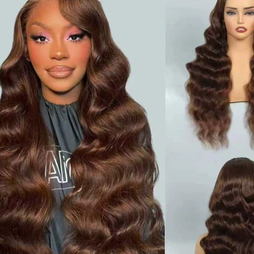 Synthetic Colorful Hair Wigs in glossy dark brown synthetic fiber, featuring long, voluminous waves and a center part.