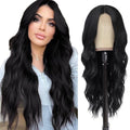 Synthetic Colorful Hair Wigs, long black synthetic fiber with a center part and loose, glossy waves