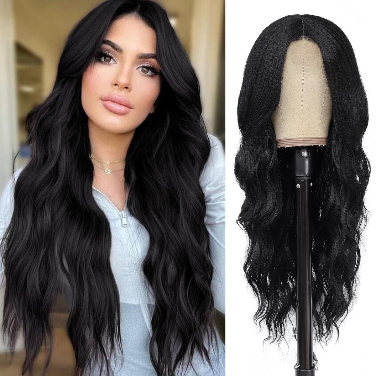 Synthetic Colorful Hair Wigs in long black synthetic fiber, with loose waves, a center part, and a natural-looking hairline
