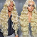 Synthetic Colorful Hair Wigs with long, pale blonde synthetic fibers, center parts, and voluminous loose waves on two models