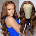 Synthetic Fiber Wigs in warm chestnut brown with long, loose waves, a center part, and a realistic lace-front hairline