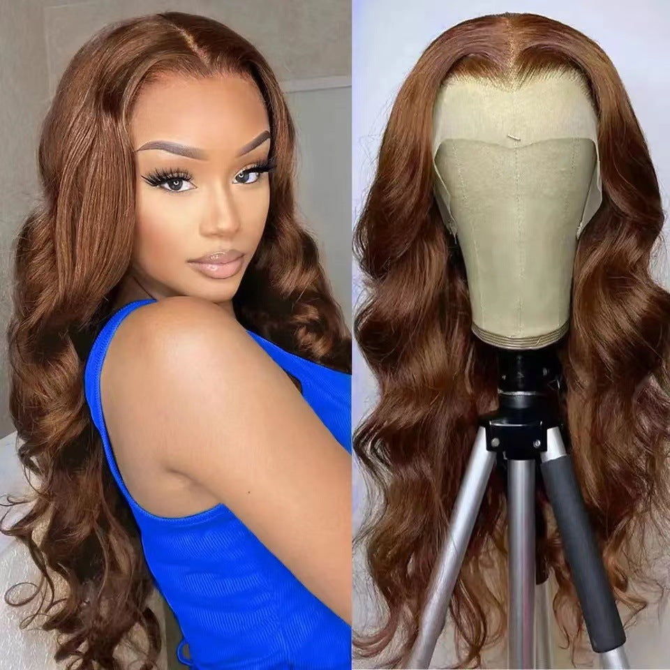 Synthetic Fiber Wigs in warm chestnut brown with long, loose waves, a center part, and a realistic lace-front hairline