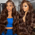Synthetic Fiber Wigs featuring long, voluminous dark brown waves, a deep side part and natural-looking lace hairline
