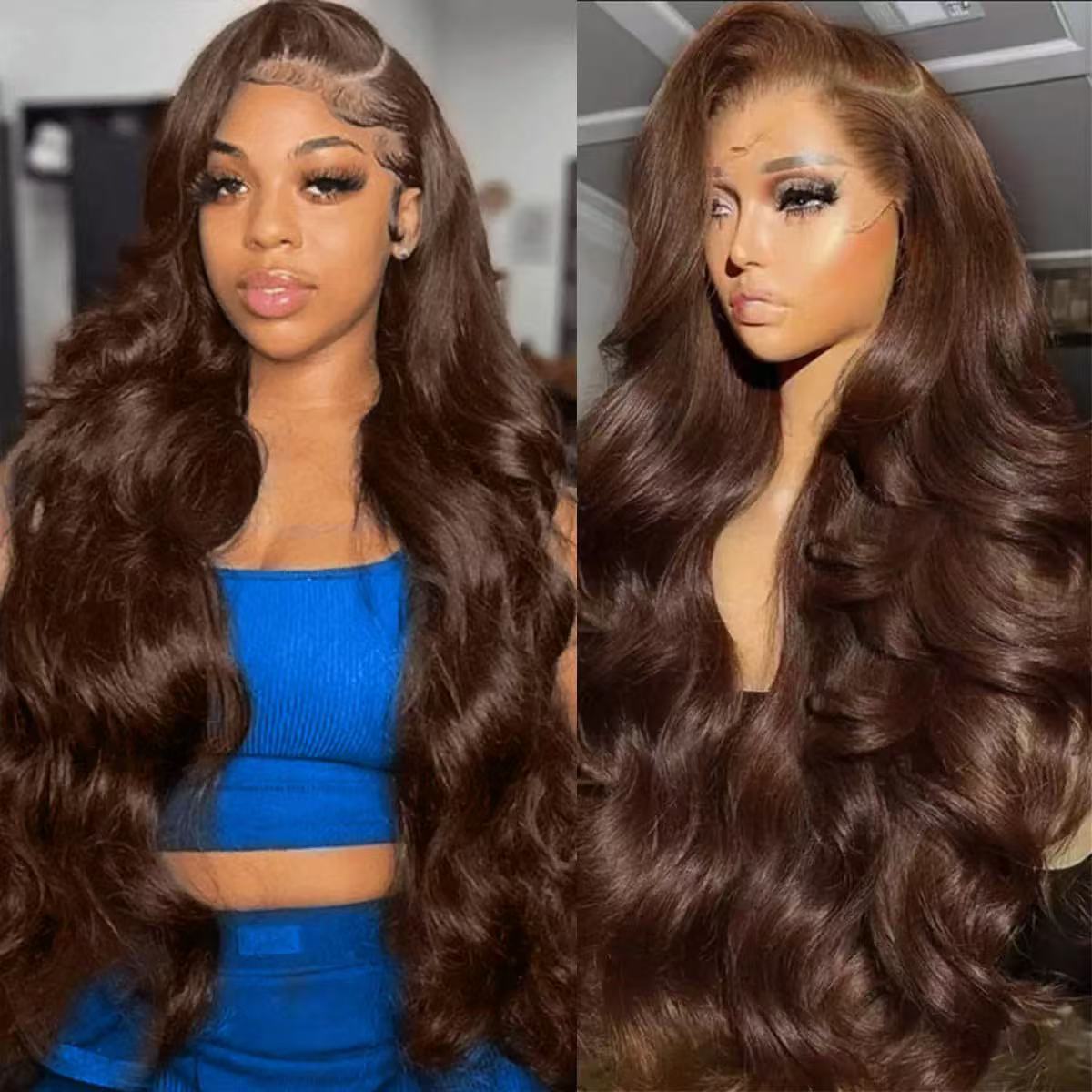Synthetic Fiber Wigs featuring long, voluminous dark brown waves, a deep side part and natural-looking lace hairline