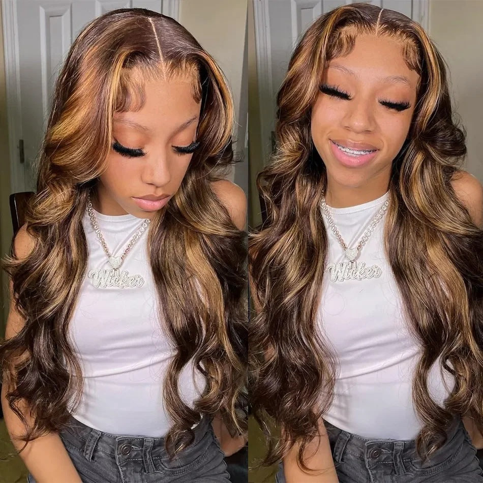 Synthetic Fiber Wigs shown as a long, wavy brown style with caramel highlights, a center part, and lace-front hairline