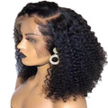Synthetic Hair Wigs featuring a black, tightly curled bob with a side part and lace front hairline