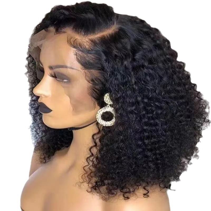 Synthetic Hair Wigs featuring a black, tightly curled bob with a side part and lace front hairline