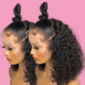 Synthetic Hair Wigs with black, voluminous curly bob styles, sleek topknots, and swooped baby hairs along the hairline