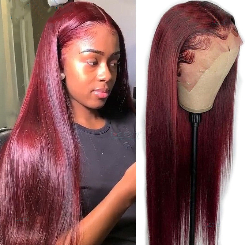 Synthetic Hair Wigs in burgundy synthetic fiber, shown as a long, sleek straight style with a center part and lace-front hairline