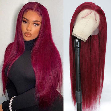 Synthetic Hair Wigs in deep burgundy with long, straight strands, a center part, and a smooth, glossy finish.