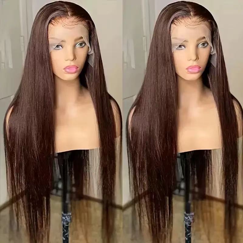Synthetic Hair Wigs in dark brown, with long straight synthetic strands, a center part and a natural-looking hairline