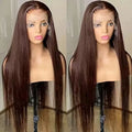 Synthetic Hair Wigs in dark brown, with long straight synthetic strands and a natural-looking center part