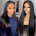 Synthetic Hair Wigs in long, sleek black synthetic fiber with a center part and natural-looking hairline, shown worn and on a mannequin