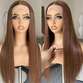 Synthetic Hair Wigs in long, straight chestnut brown fibers with a centered part and sheer lace front